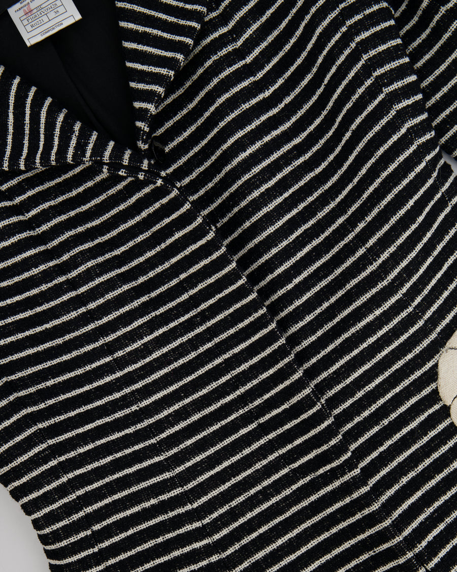 Chanel 01C White and Black Striped Jacket with White Camelia Detail Size FR 38 (UK 10)