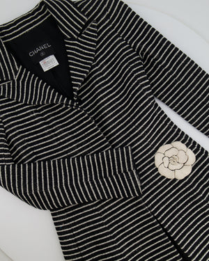 Chanel 01C White and Black Striped Jacket with White Camelia Detail Size FR 38 (UK 10)