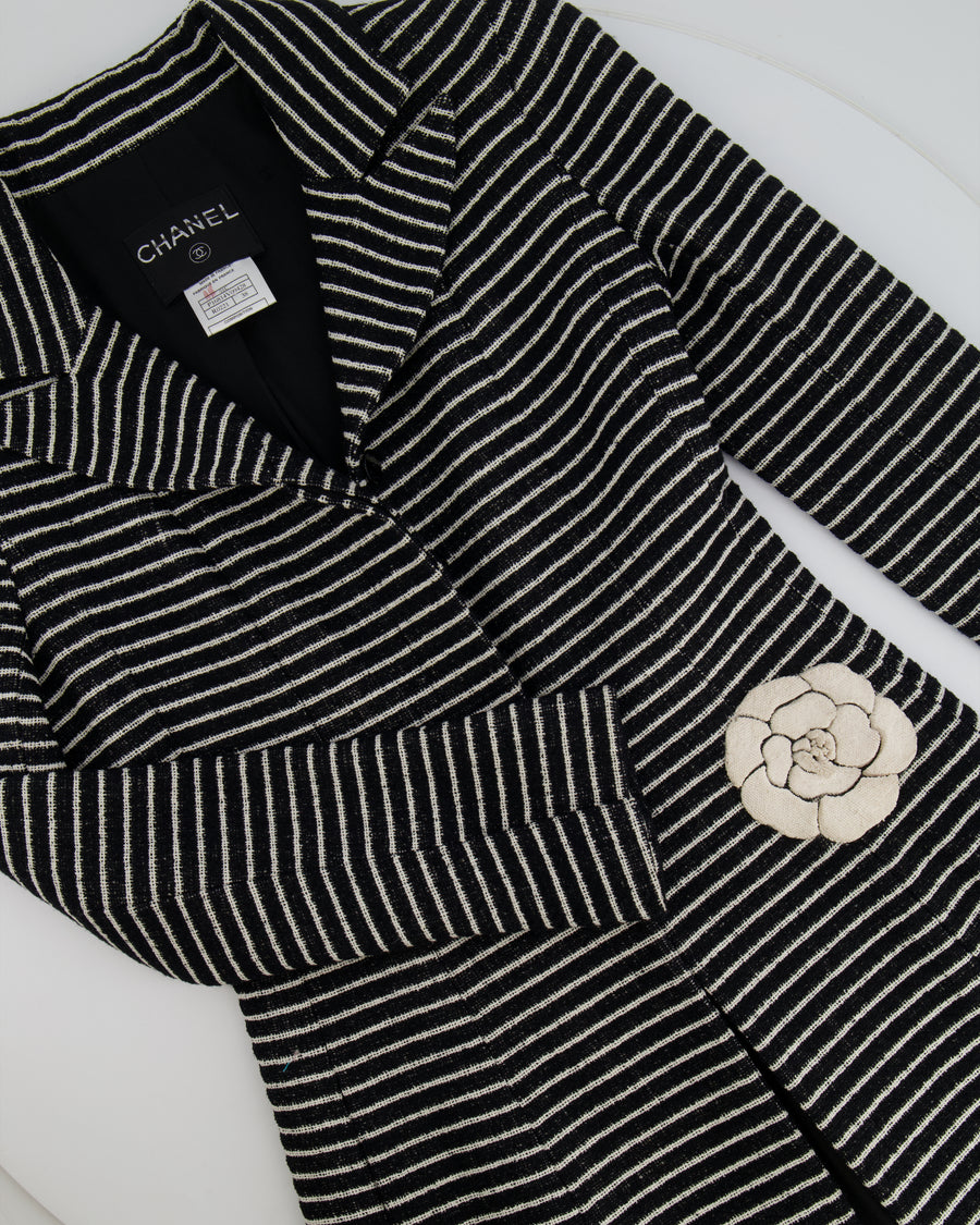 Chanel 01C White and Black Striped Jacket with White Camelia Detail Size FR 38 (UK 10)