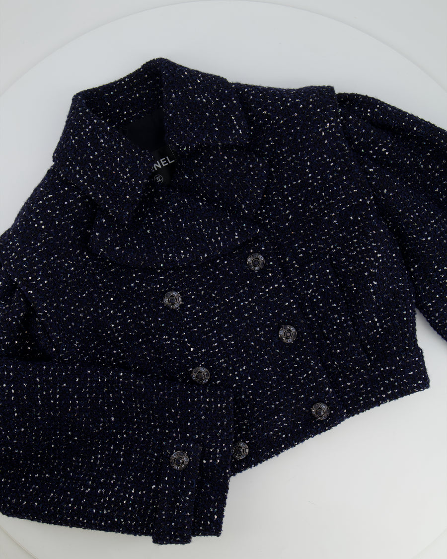*HOT* Chanel 2025 Métiers d'Art Runway Navy Tweed Cropped Jacket with Crystal Embellished Button Details Size FR 34 (UK 6) RRP £6,250
