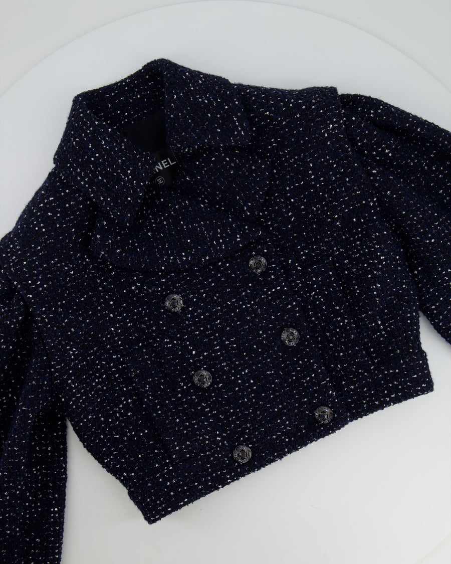 *HOT* Chanel 2025 Métiers d'Art Runway Navy Tweed Cropped Jacket with Crystal Embellished Button Details Size FR 34 (UK 6) RRP £6,250