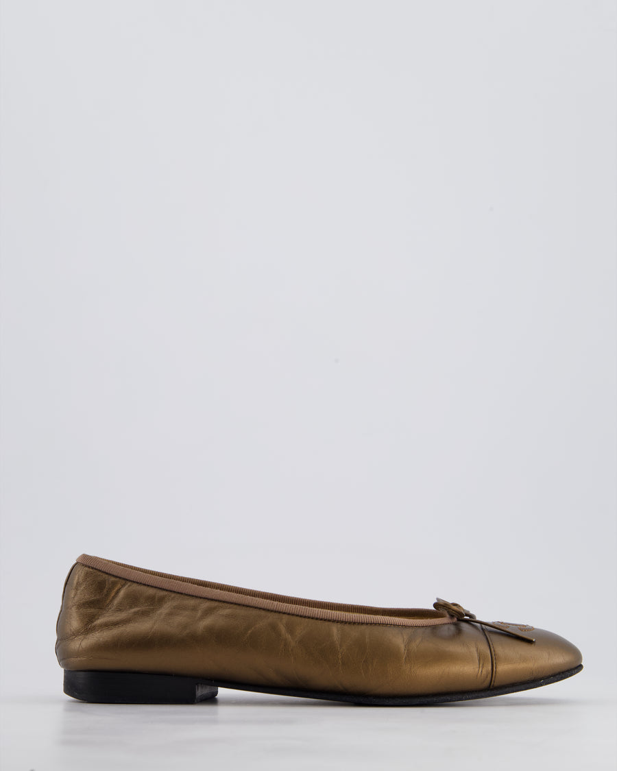 Chanel Bronze Leather Ballet Flats with CC Logo Detail Size EU 38
