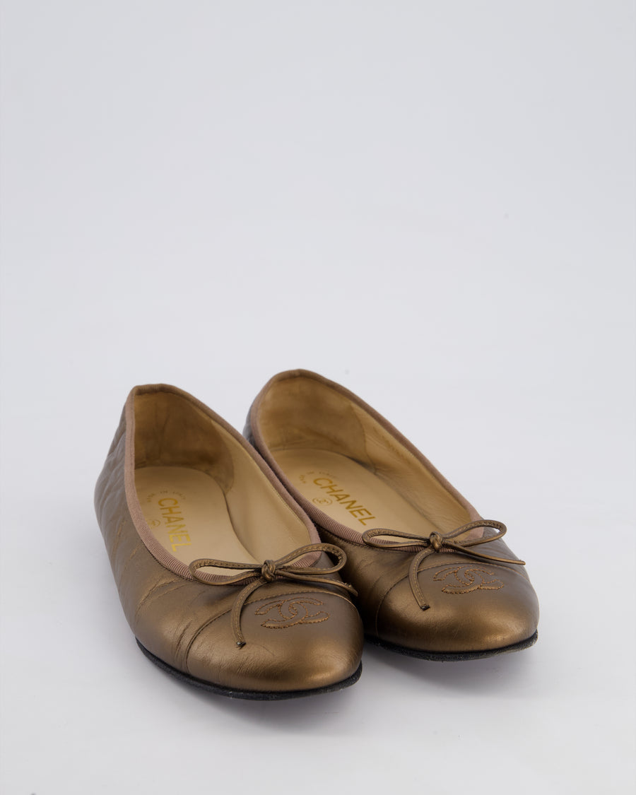 Chanel Bronze Leather Ballet Flats with CC Logo Detail Size EU 38