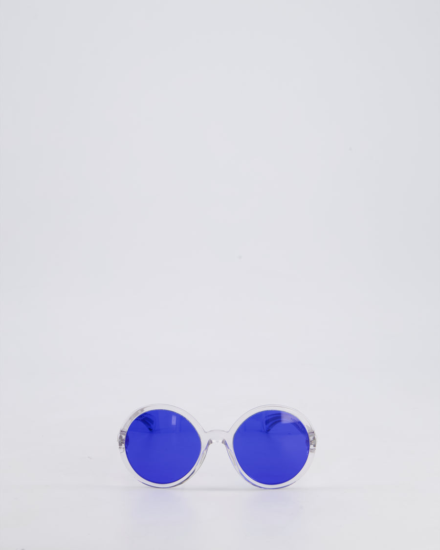 Chanel Clear Round Framed Sunglasses with Blue Lens and Quilted Hands Details
