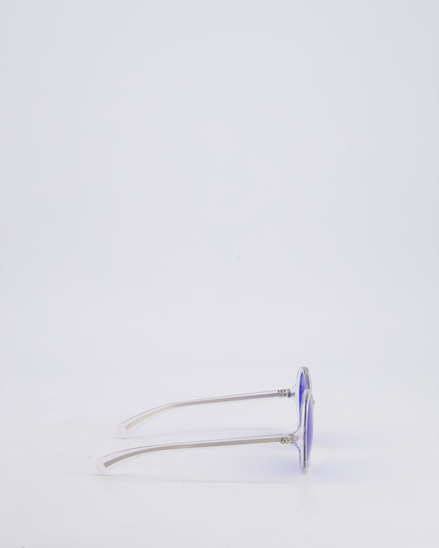Chanel Clear Round Framed Sunglasses with Blue Lens and Quilted Hands Details