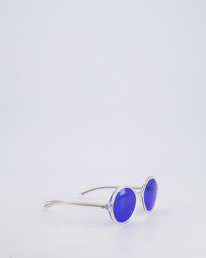 Chanel Clear Round Framed Sunglasses with Blue Lens and Quilted Hands Details