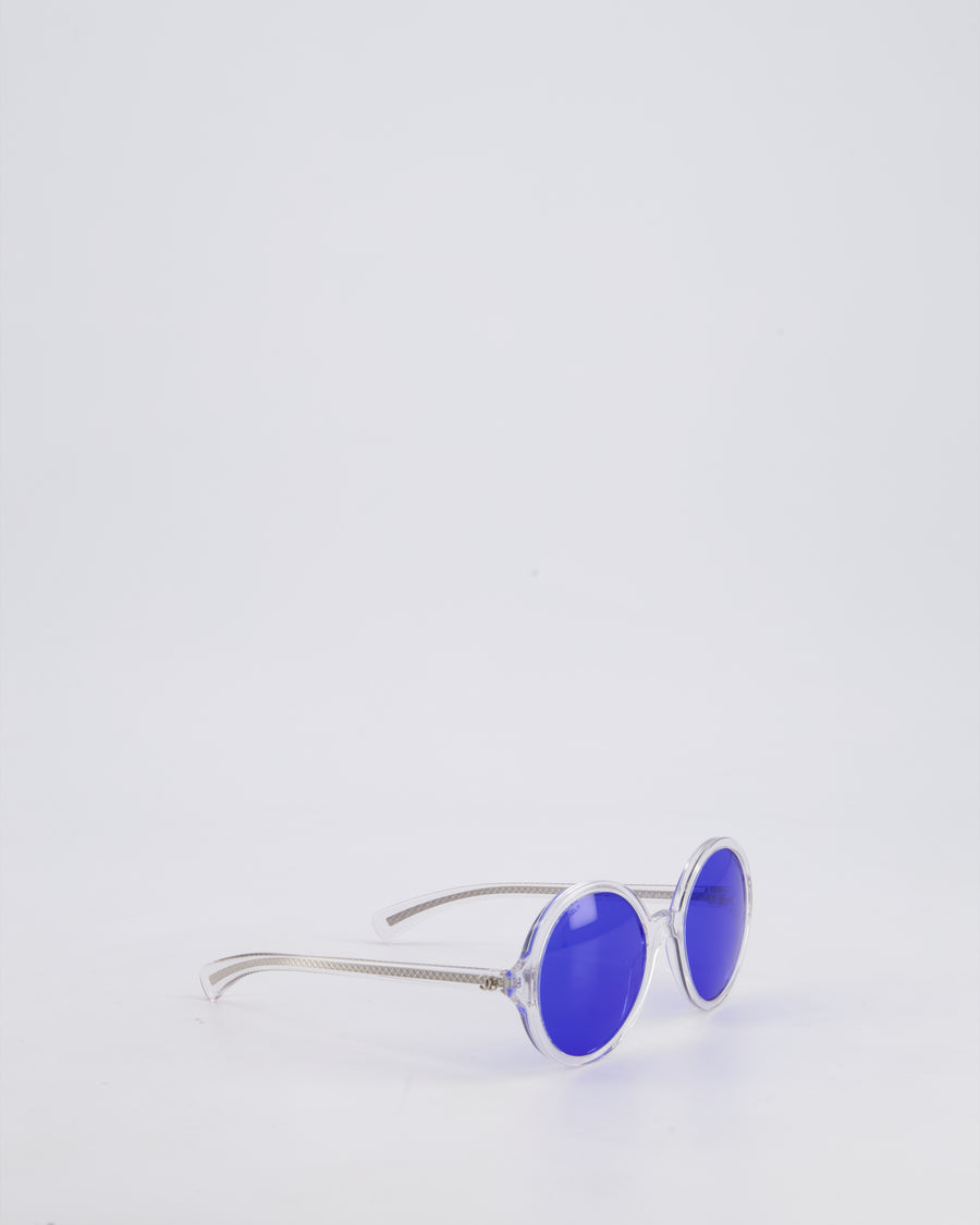 Chanel Clear Round Framed Sunglasses with Blue Lens and Quilted Hands Details