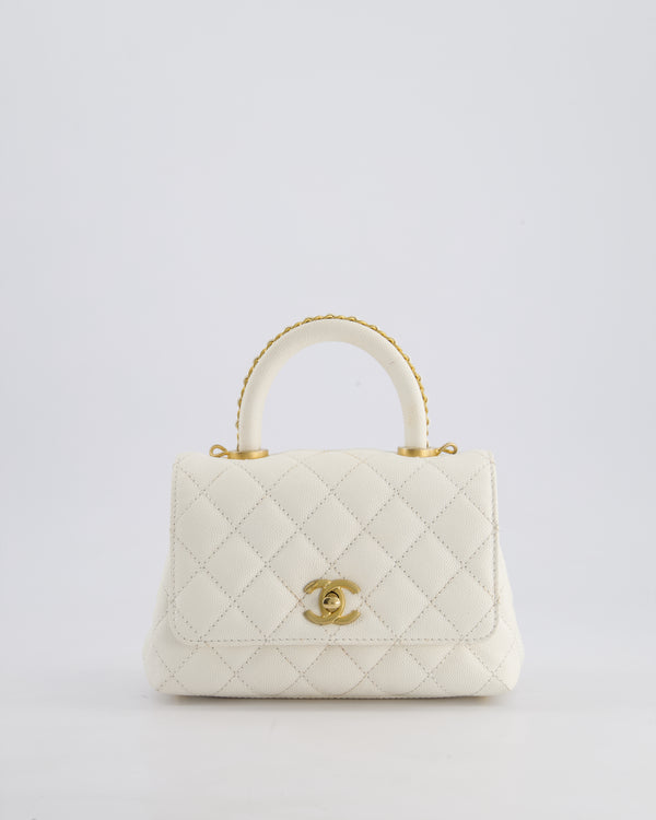 Chanel Mini Coco Top Handle Bag in White Caviar Leather with Antique Gold Hardware & Chain Handle Detail