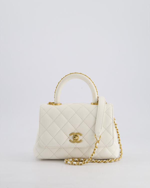 Chanel Mini Coco Top Handle Bag in White Caviar Leather with Antique Gold Hardware & Chain Handle Detail