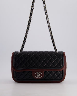 Chanel Black and Burgundy Quilted Single Flap Bag in Lambskin Leather with Shiny Ruthenium Hardware