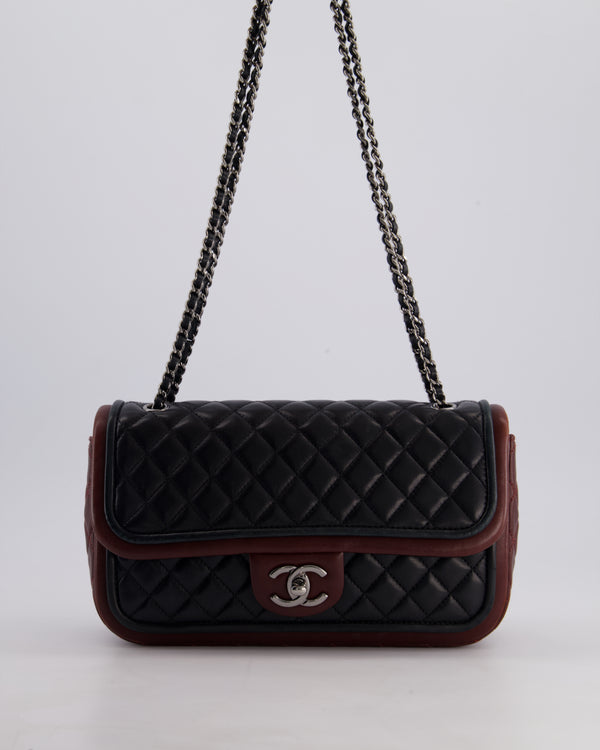 Chanel Black and Burgundy Quilted Single Flap Bag in Lambskin Leather with Shiny Ruthenium Hardware