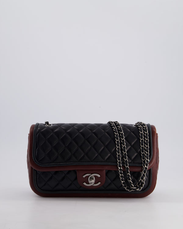 Chanel Black and Burgundy Quilted Single Flap Bag in Lambskin Leather with Shiny Ruthenium Hardware