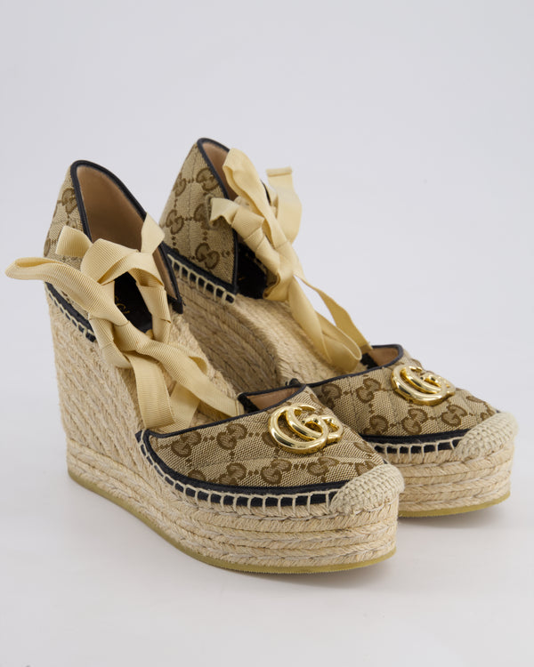 Gucci Brown GG Supreme Canvas Wedge Espadrille Shoes Size EU 38