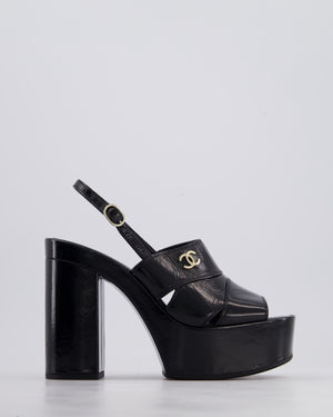 Chanel Black Patent Calfskin Platform High Sandal with CC Logo EU 39