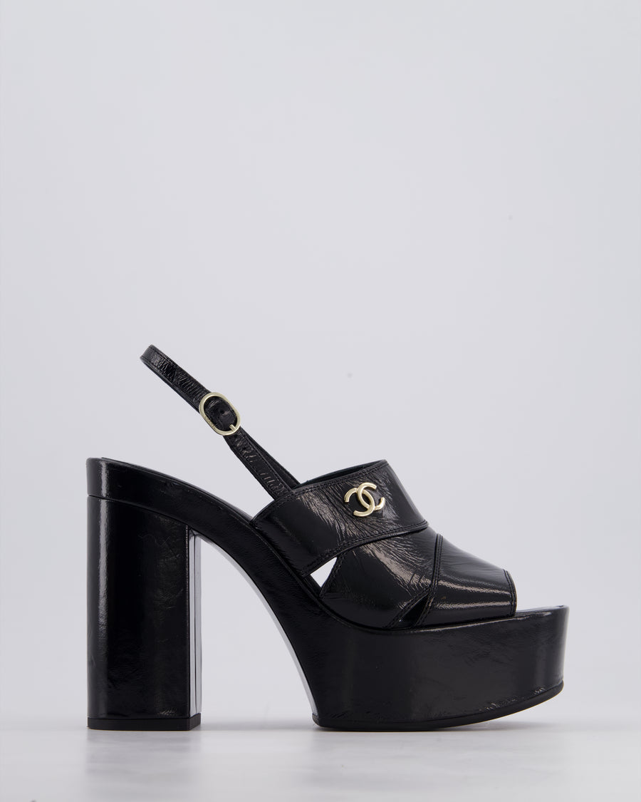 Chanel Black Patent Calfskin Platform High Sandal with CC Logo EU 39