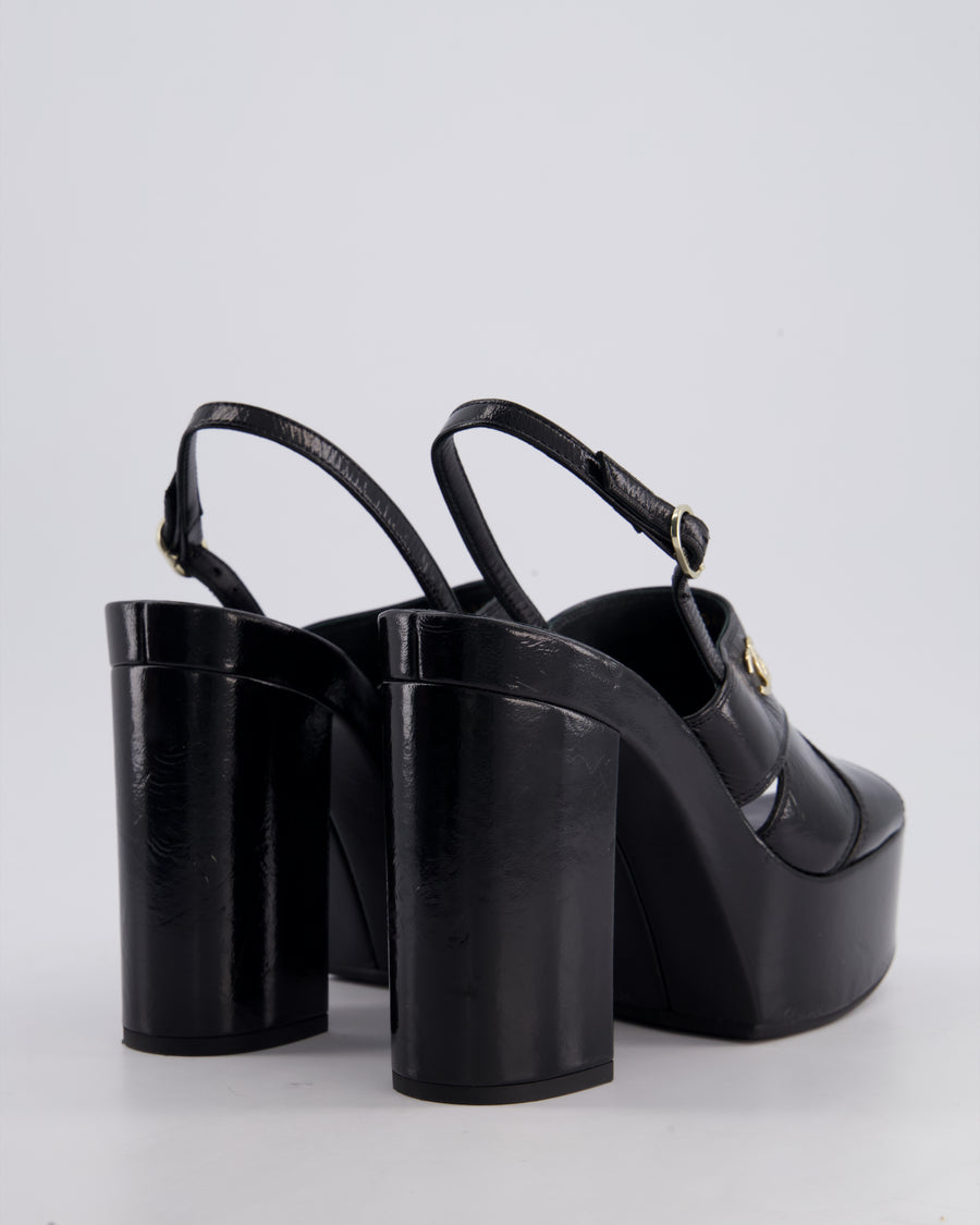 Chanel Black Patent Calfskin Platform High Sandal with CC Logo EU 39