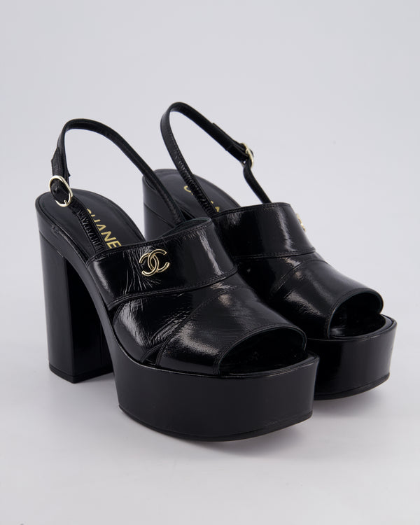 Chanel Black Patent Calfskin Platform High Sandal with CC Logo EU 39