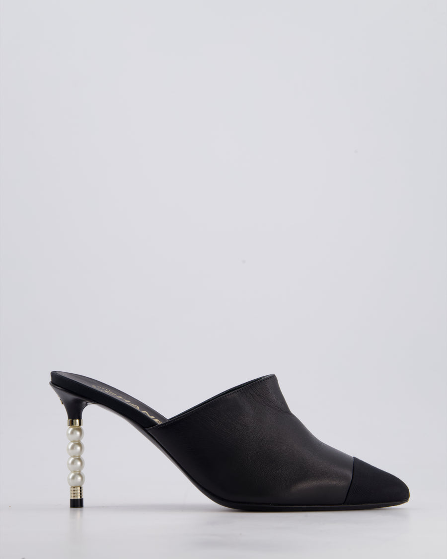 Chanel White and Black Leather Mules with Pearl CC Logo Detail Size EU 38