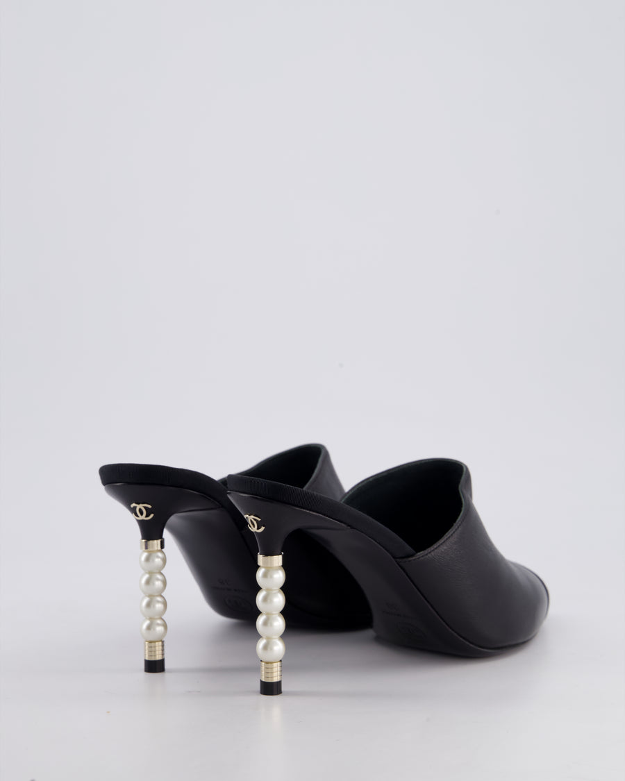Chanel White and Black Leather Mules with Pearl CC Logo Detail Size EU 38