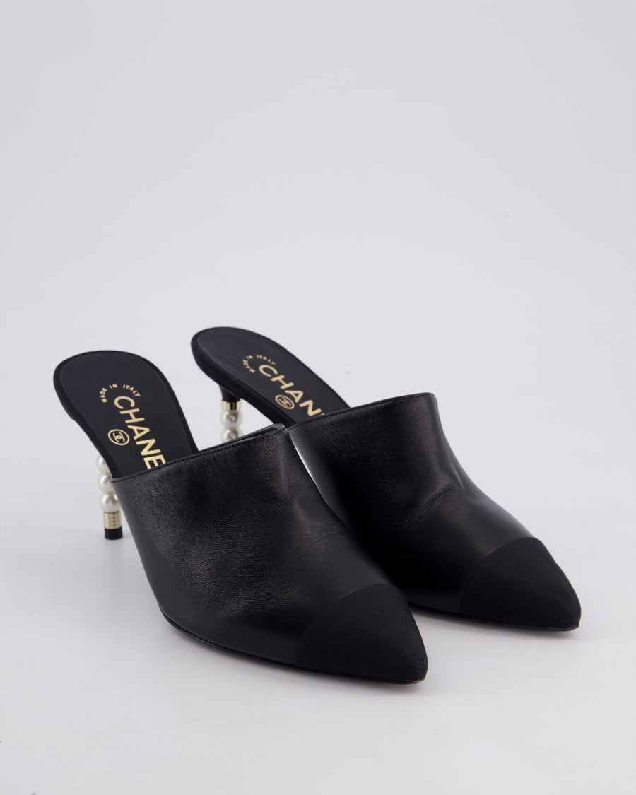 Chanel White and Black Leather Mules with Pearl CC Logo Detail Size EU 38