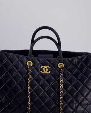 Chanel Navy Coco Top Handle Large Shopping Tote Bag in Quilted Crumpled Calfskin Leather with Gold Hardware & CC Logo