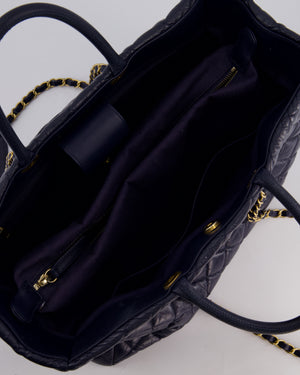 Chanel Navy Coco Top Handle Large Shopping Tote Bag in Quilted Crumpled Calfskin Leather with Gold Hardware & CC Logo