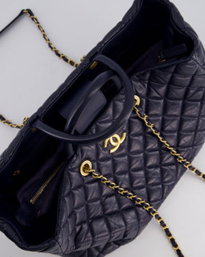 Chanel Navy Coco Top Handle Large Shopping Tote Bag in Quilted Crumpled Calfskin Leather with Gold Hardware & CC Logo