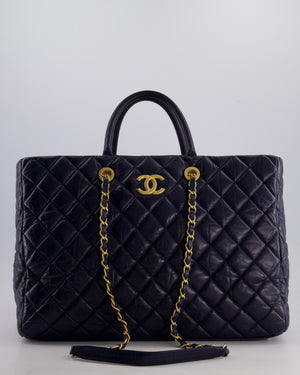 Chanel Navy Coco Top Handle Large Shopping Tote Bag in Quilted Crumpled Calfskin Leather with Gold Hardware & CC Logo