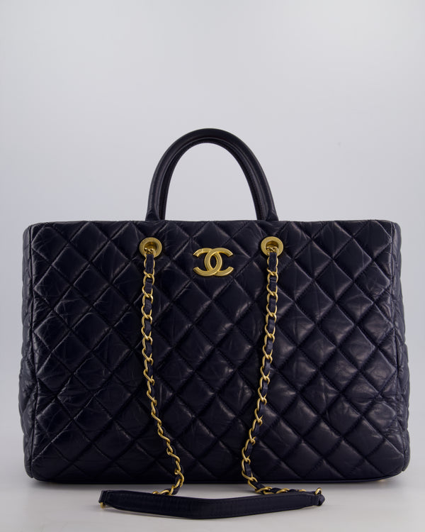 Chanel Navy Coco Top Handle Large Shopping Tote Bag in Quilted Crumpled Calfskin Leather with Gold Hardware & CC Logo