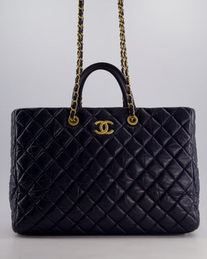 Chanel Navy Coco Top Handle Large Shopping Tote Bag in Quilted Crumpled Calfskin Leather with Gold Hardware & CC Logo