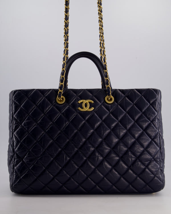 Chanel Navy Coco Top Handle Large Shopping Tote Bag in Quilted Crumpled Calfskin Leather with Gold Hardware & CC Logo