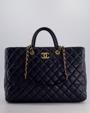 Chanel Navy Coco Top Handle Large Shopping Tote Bag in Quilted Crumpled Calfskin Leather with Gold Hardware & CC Logo