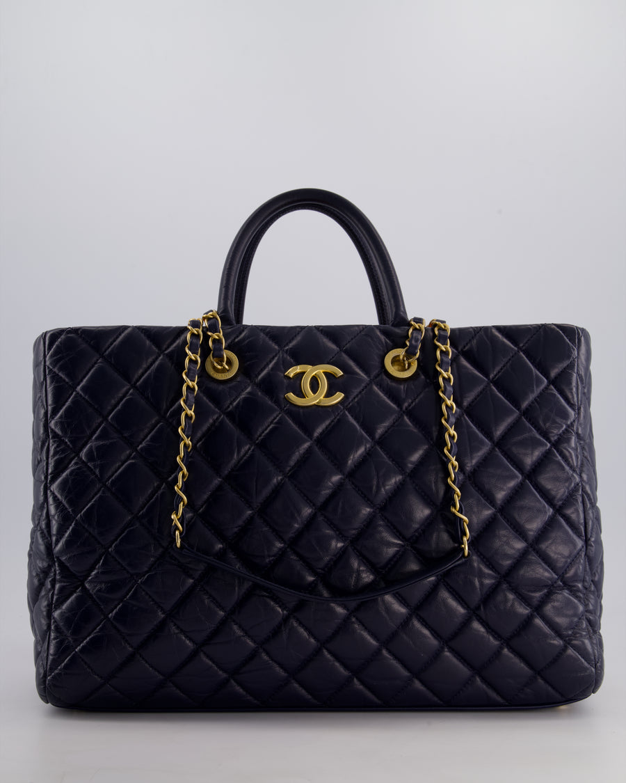 Chanel Navy Coco Top Handle Large Shopping Tote Bag in Quilted Crumpled Calfskin Leather with Gold Hardware & CC Logo
