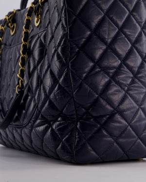 Chanel Navy Coco Top Handle Large Shopping Tote Bag in Quilted Crumpled Calfskin Leather with Gold Hardware & CC Logo