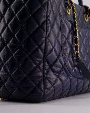 Chanel Navy Coco Top Handle Large Shopping Tote Bag in Quilted Crumpled Calfskin Leather with Gold Hardware & CC Logo