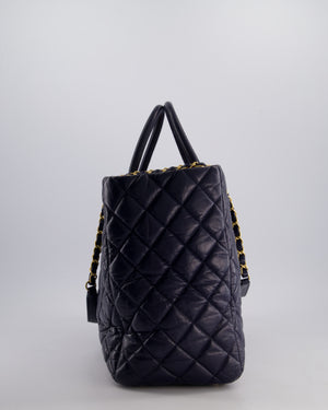 Chanel Navy Coco Top Handle Large Shopping Tote Bag in Quilted Crumpled Calfskin Leather with Gold Hardware & CC Logo