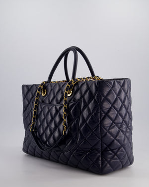 Chanel Navy Coco Top Handle Large Shopping Tote Bag in Quilted Crumpled Calfskin Leather with Gold Hardware & CC Logo