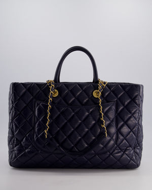Chanel Navy Coco Top Handle Large Shopping Tote Bag in Quilted Crumpled Calfskin Leather with Gold Hardware & CC Logo