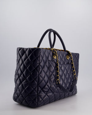 Chanel Navy Coco Top Handle Large Shopping Tote Bag in Quilted Crumpled Calfskin Leather with Gold Hardware & CC Logo