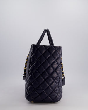 Chanel Navy Coco Top Handle Large Shopping Tote Bag in Quilted Crumpled Calfskin Leather with Gold Hardware & CC Logo
