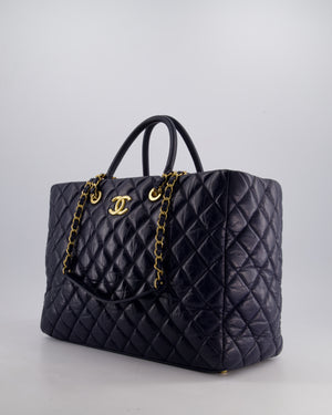 Chanel Navy Coco Top Handle Large Shopping Tote Bag in Quilted Crumpled Calfskin Leather with Gold Hardware & CC Logo