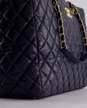Chanel Navy Coco Top Handle Large Shopping Tote Bag in Quilted Crumpled Calfskin Leather with Gold Hardware & CC Logo