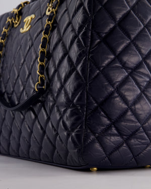 Chanel Navy Coco Top Handle Large Shopping Tote Bag in Quilted Crumpled Calfskin Leather with Gold Hardware & CC Logo