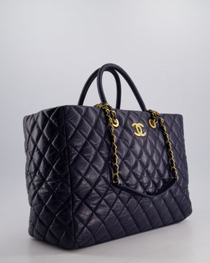 Chanel Navy Coco Top Handle Large Shopping Tote Bag in Quilted Crumpled Calfskin Leather with Gold Hardware & CC Logo