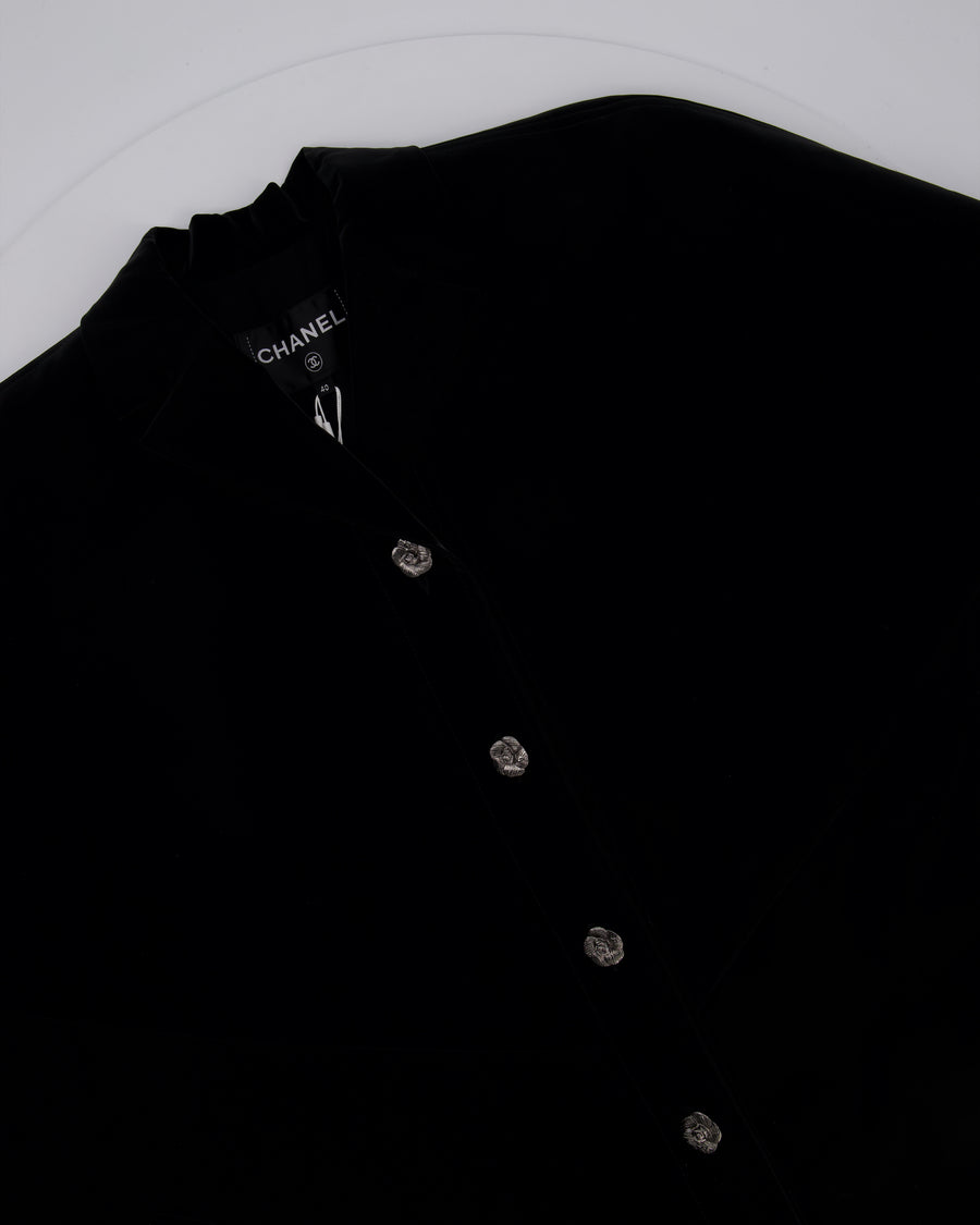 Chanel 23K Black Coated Canvas Cape with Floral Detail Buttons Size FR 40 (UK 12)