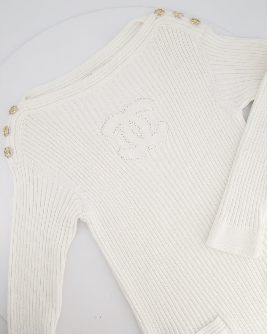 Chanel 20P White Ribbed Long Sleeve Mini Dress with CC Logo Buttons FR 42 (Size 14)