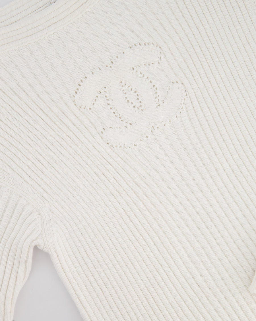 Chanel 20P White Ribbed Long Sleeve Mini Dress with CC Logo Buttons FR 42 (Size 14)