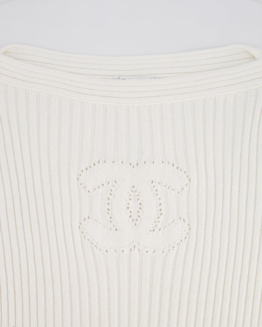 Chanel 20P White Ribbed Long Sleeve Mini Dress with CC Logo Buttons FR 42 (Size 14)