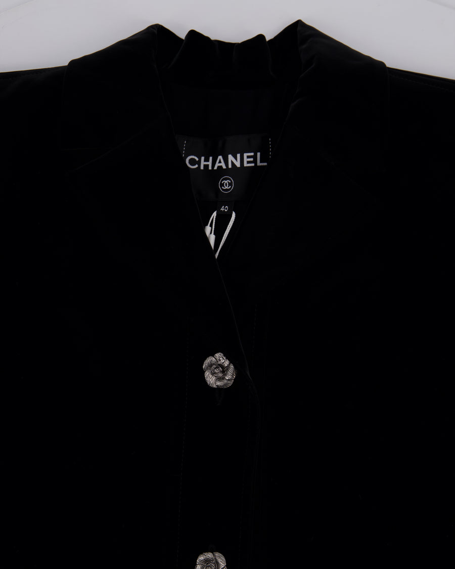 Chanel 23K Black Coated Canvas Cape with Floral Detail Buttons Size FR 40 (UK 12)