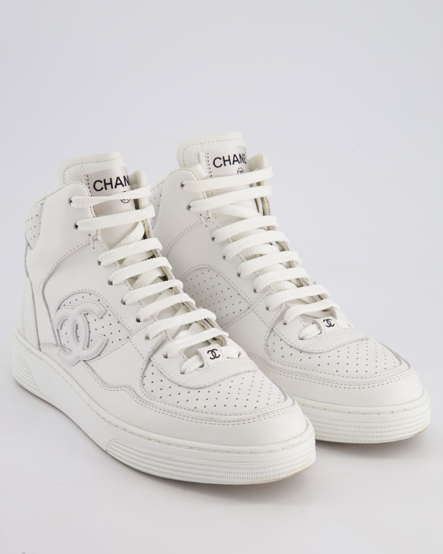 Chanel 23S White High-top Sneakers in Calfskin Leather with Logo Detail Size EU 38